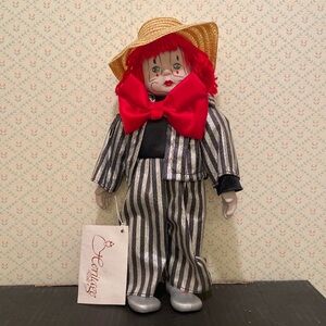 Heritage Dolls Clown Hand painted Porcelain Face Hands Shoes Straw Hat Red Head
